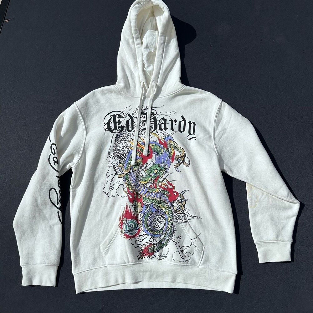 Ed Hardy Dragon Graphic Pullover Hoodie Cream Men’s Mediu